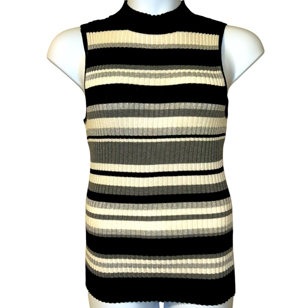 Y2K Ribbed Knit Striped Sleeveless Mock Neck Top – Hooked Up by I.O.T., Size M